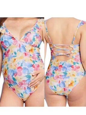 Large Ingrid & Isabel Maternity Ruffle Trim Bright Floral Swimsuit